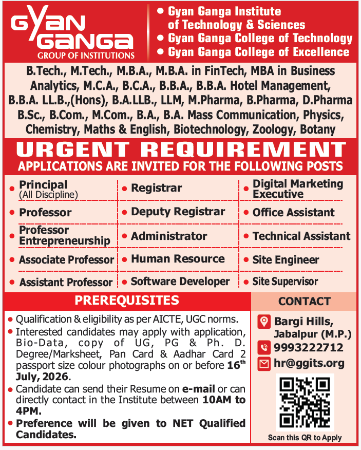 Gyan Ganga Group of Institutions - Urgent Requirement Job Postings